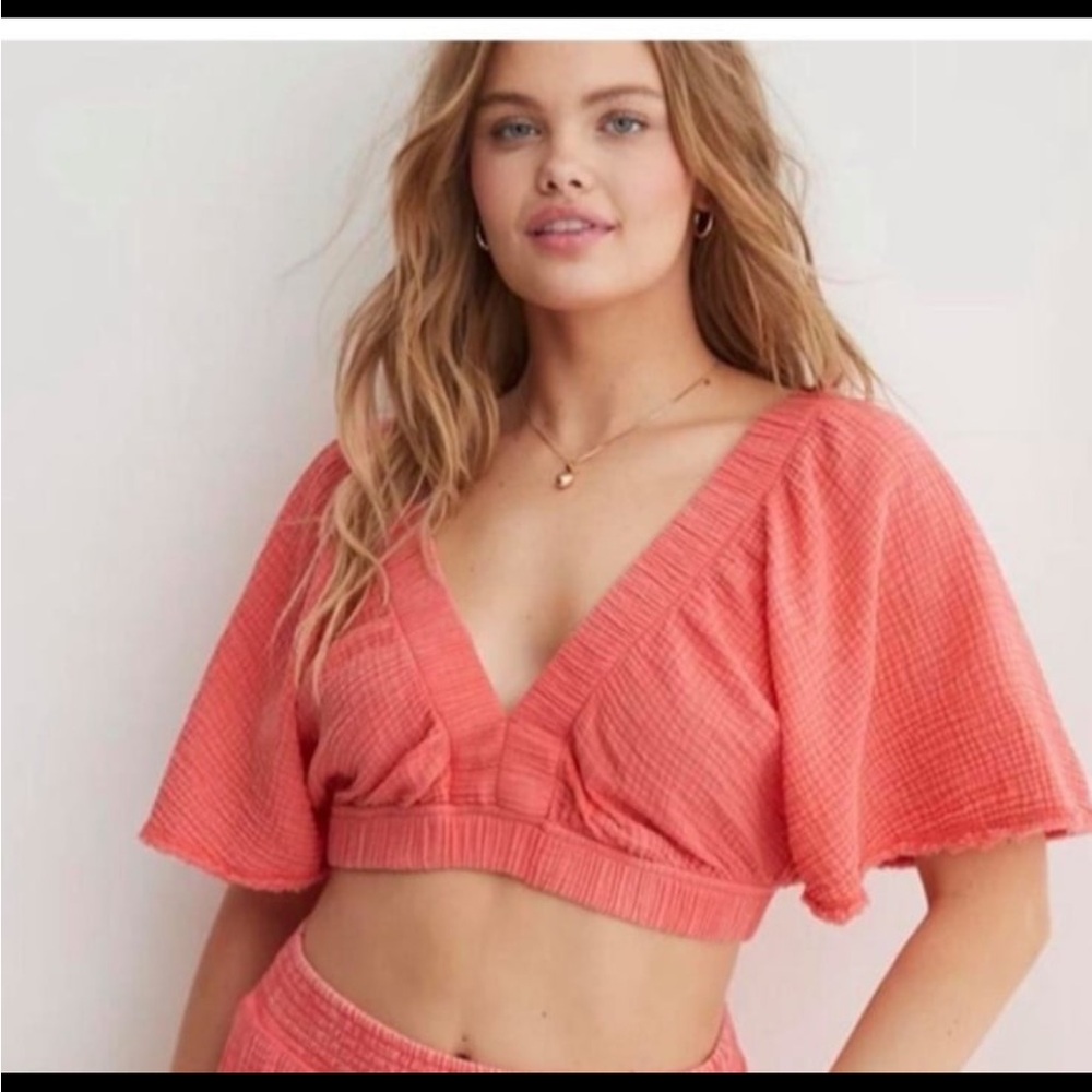 NWT AERIE Pool To Party Cover Up Crop Top Gauze Coral Flutter Sleeve Womens S